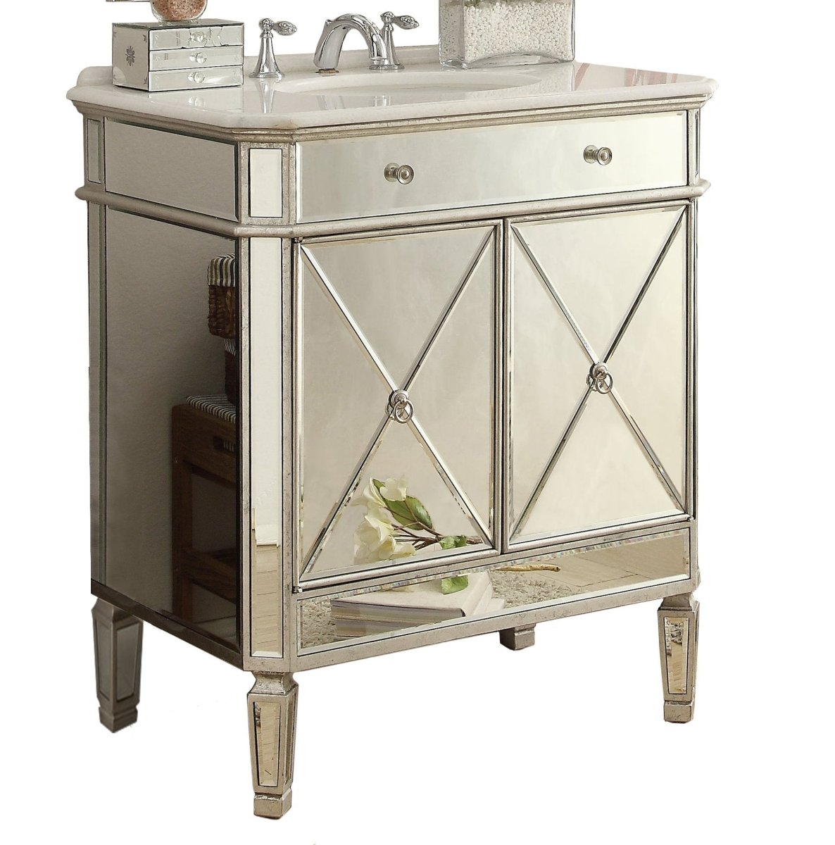 32" Benton Collection Mirror Reflection Austell Bathroom Sink Vanity - 505RA Silver leaf finish - Bentoncollections