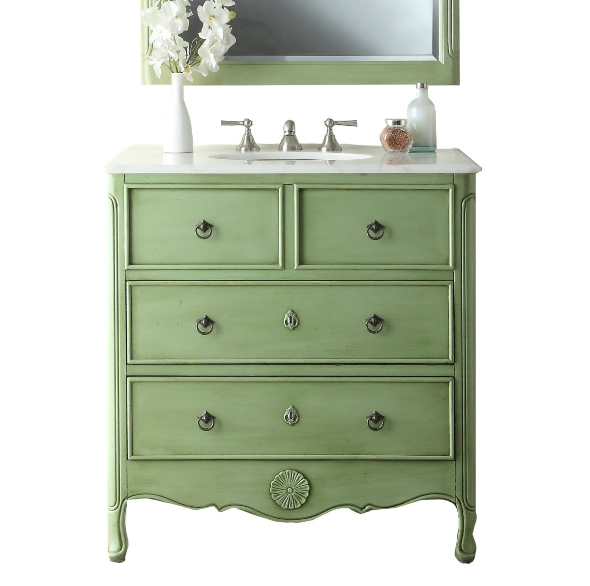 34 Inch Distressed Green Daleville Cottage Style Bathroom Sink Vanity - Bentoncollections