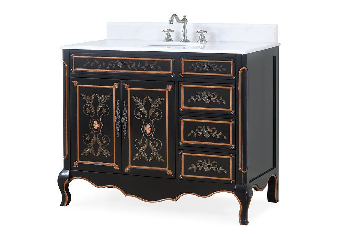 42 Inch Black Hand - Painted Floral Decoroso Bathroom Vanity With Side Drawers - Bentoncollections