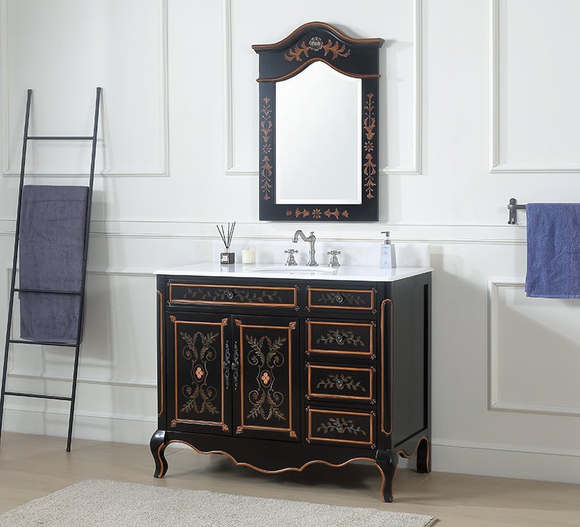 42 Inch Black Hand - Painted Floral Decoroso Bathroom Vanity With Side Drawers - Bentoncollections