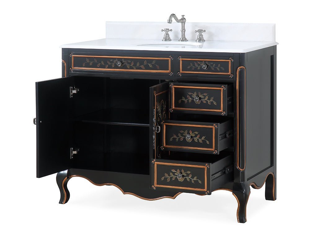 42 Inch Black Hand - Painted Floral Decoroso Bathroom Vanity With Side Drawers - Bentoncollections