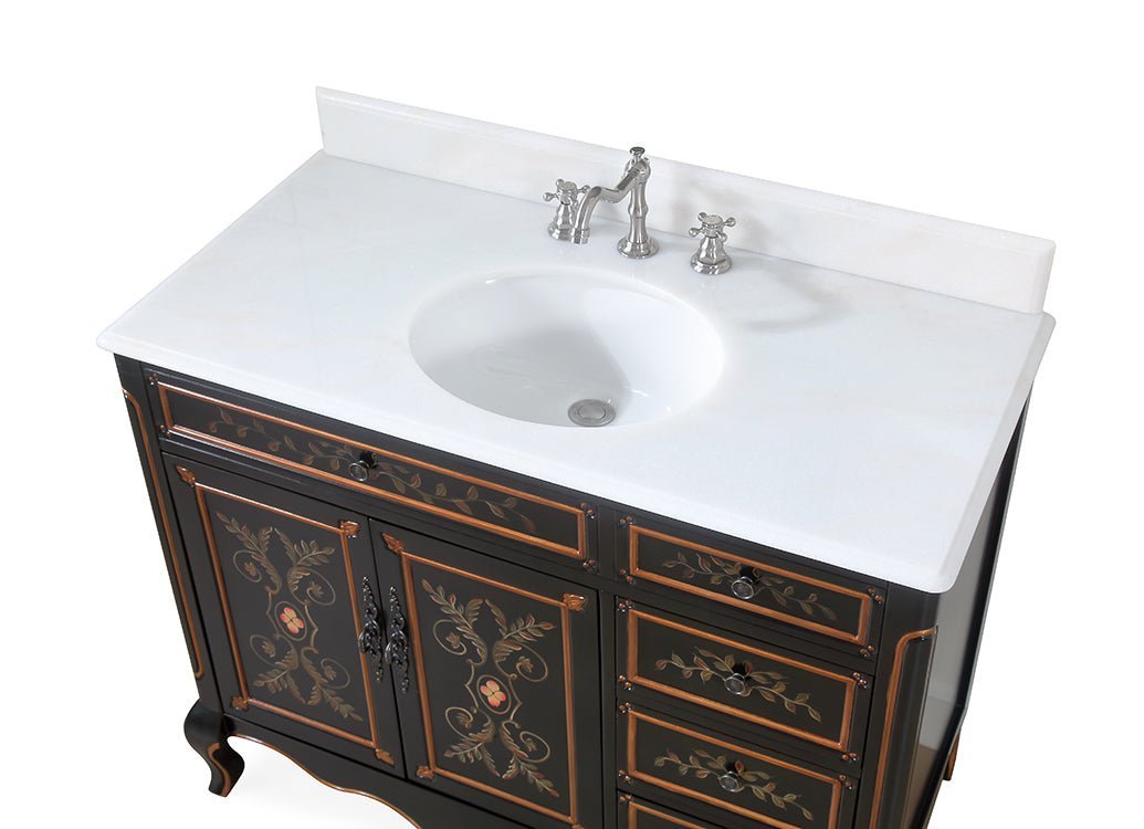 42 Inch Black Hand - Painted Floral Decoroso Bathroom Vanity With Side Drawers - Bentoncollections