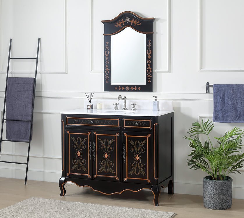 42 inch Black Hand - Painted Floral Decoroso Side Cabinet Bathroom Vanity - Bentoncollections