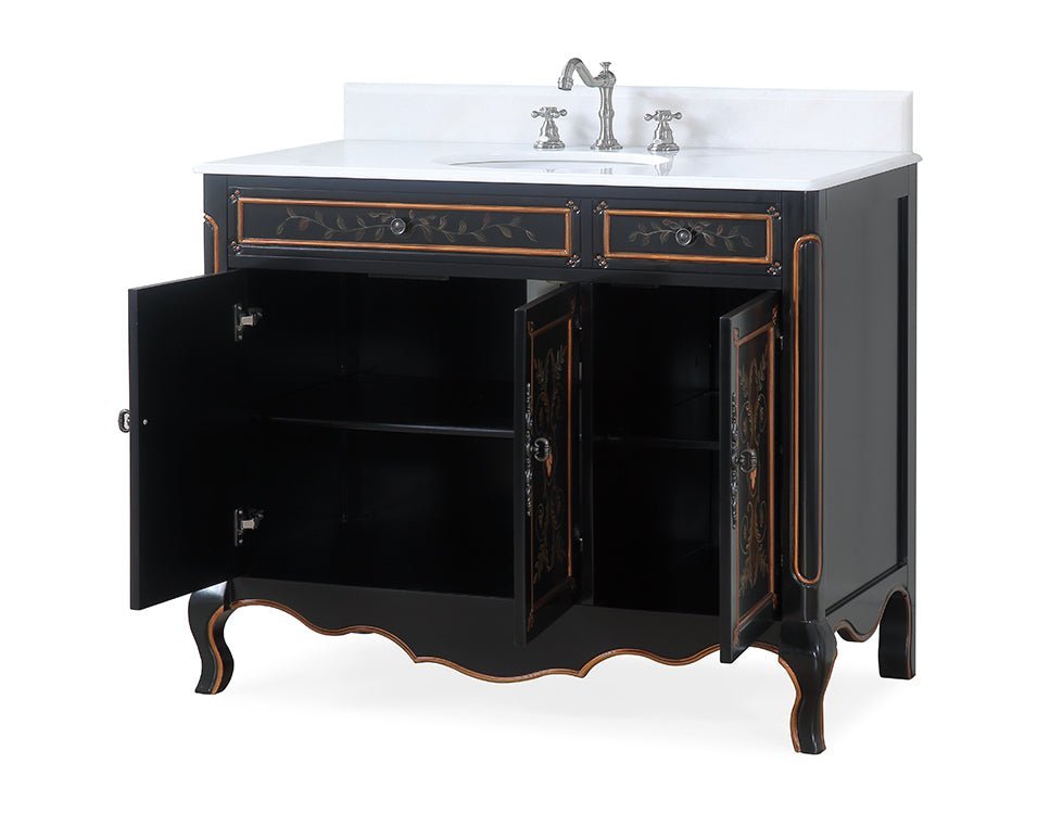 42 inch Black Hand - Painted Floral Decoroso Side Cabinet Bathroom Vanity - Bentoncollections