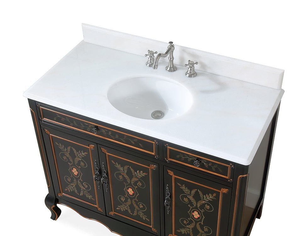 42 inch Black Hand - Painted Floral Decoroso Side Cabinet Bathroom Vanity - Bentoncollections