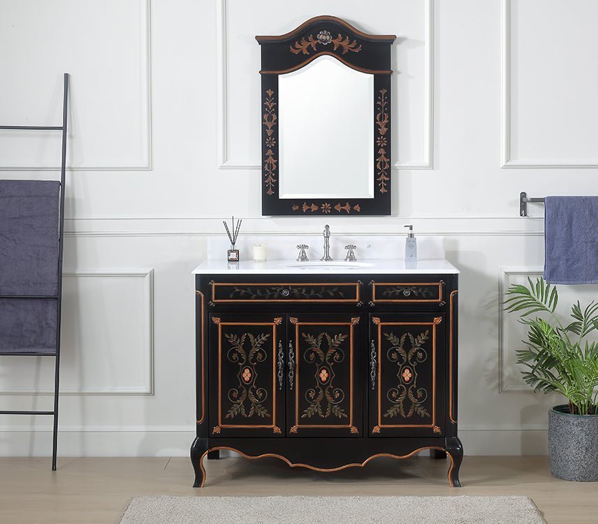 42 inch Black Hand - Painted Floral Decoroso Side Cabinet Bathroom Vanity - Bentoncollections