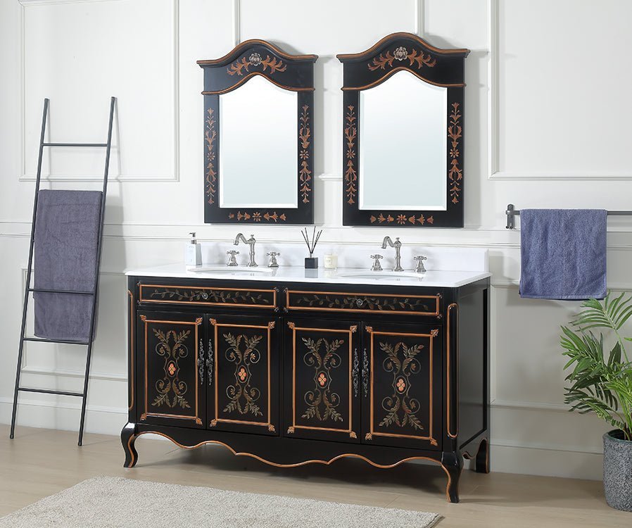 60 Inch Black Hand - Painted Floral Decoroso Double Sink Bathroom Vanity - Bentoncollections