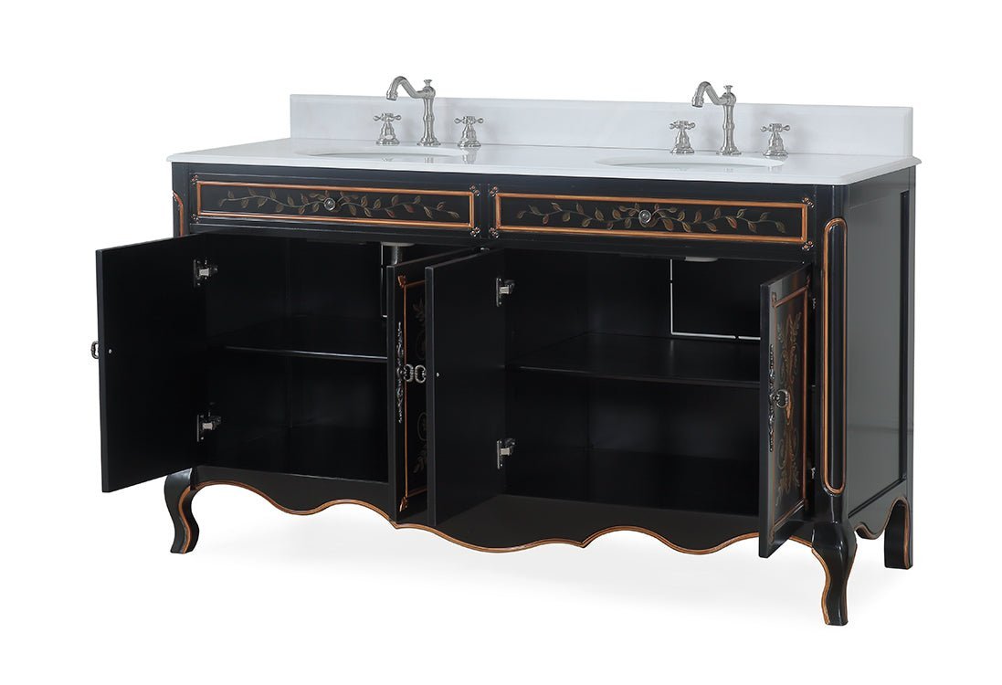 60 Inch Black Hand - Painted Floral Decoroso Double Sink Bathroom Vanity - Bentoncollections