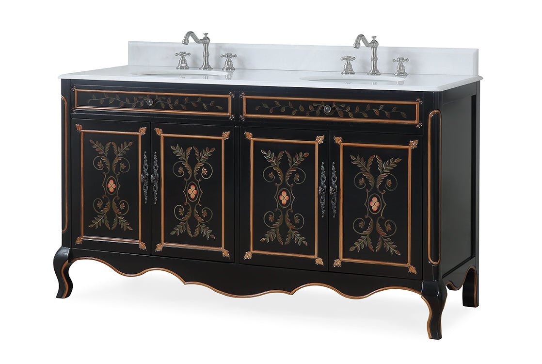 60 Inch Black Hand - Painted Floral Decoroso Double Sink Bathroom Vanity - Bentoncollections