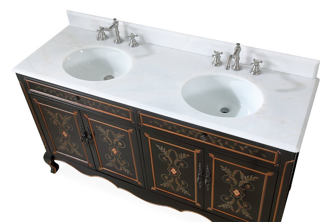 60 Inch Black Hand - Painted Floral Decoroso Double Sink Bathroom Vanity - Bentoncollections