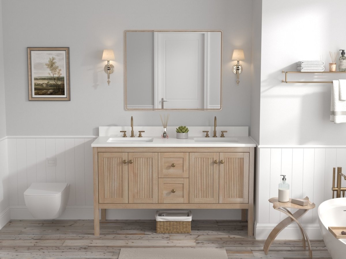 60 Inch Modern Light Oak Sera Double Sink Bathroom Vanity With White Quartz Top - Bentoncollections