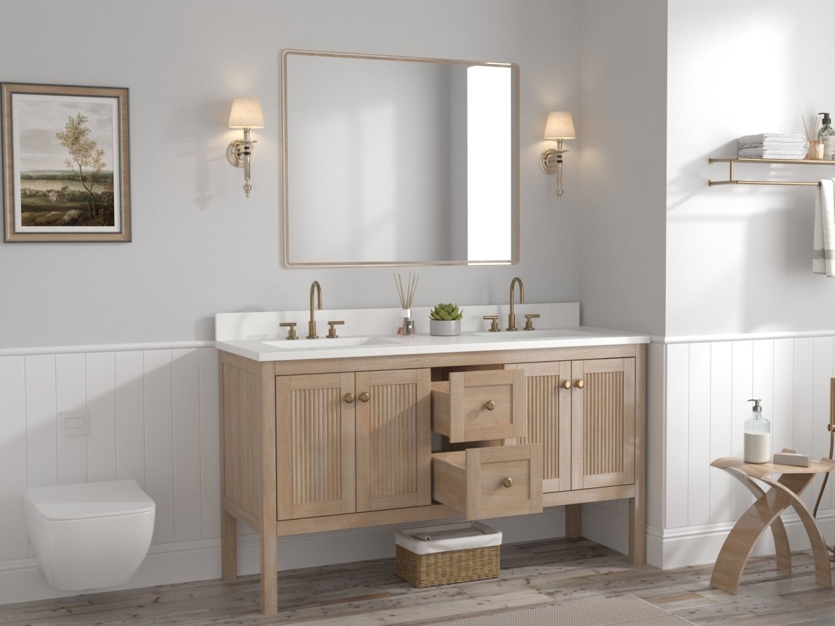 60 Inch Modern Light Oak Sera Double Sink Bathroom Vanity With White Quartz Top - Bentoncollections