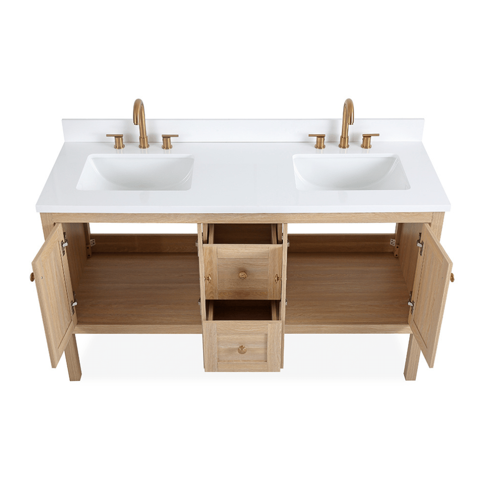 60 Inch Modern Light Oak Sera Double Sink Bathroom Vanity With White Quartz Top - Chans Furniture