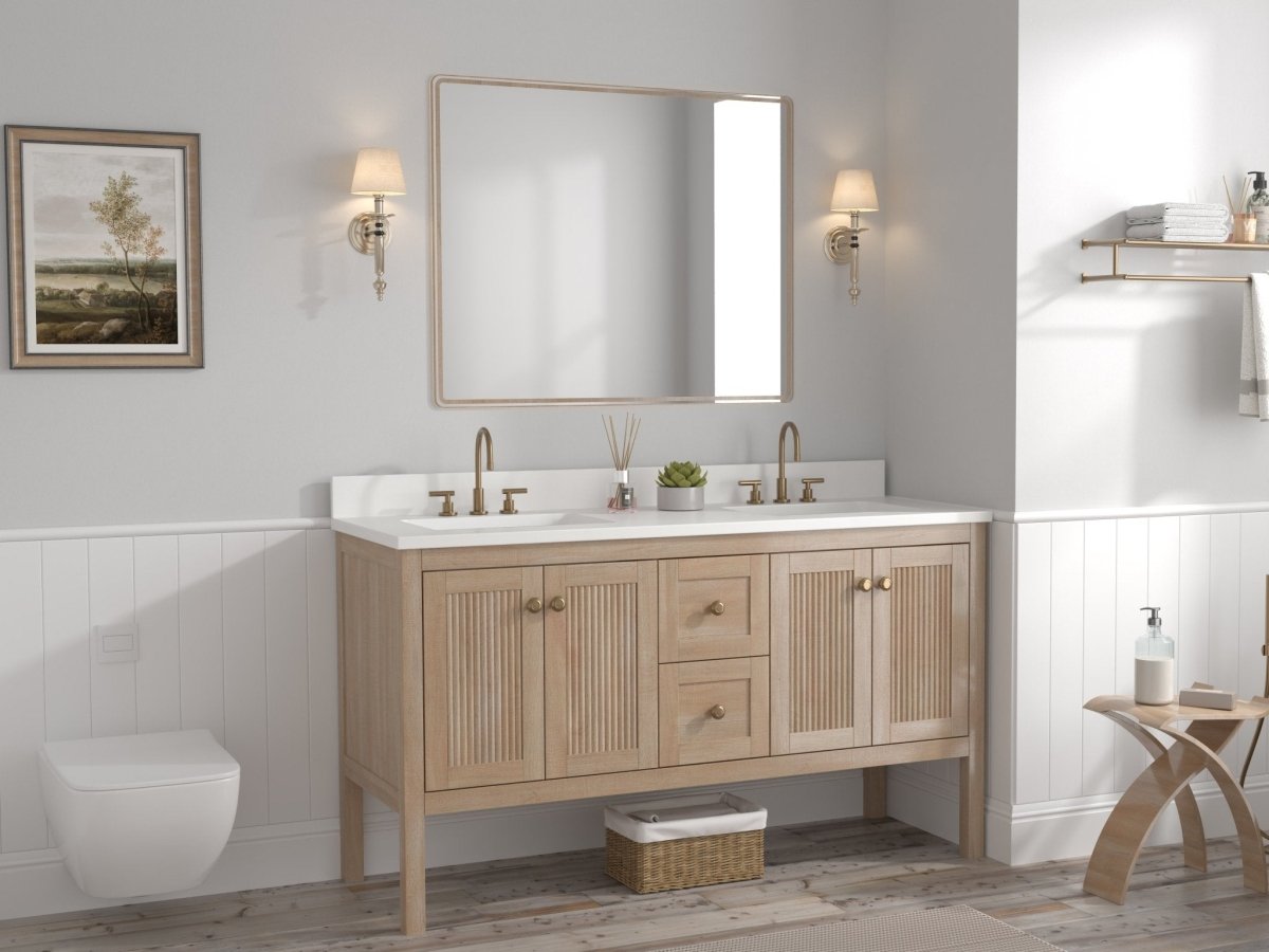 60 Inch Modern Light Oak Sera Double Sink Bathroom Vanity With White Quartz Top - Bentoncollections