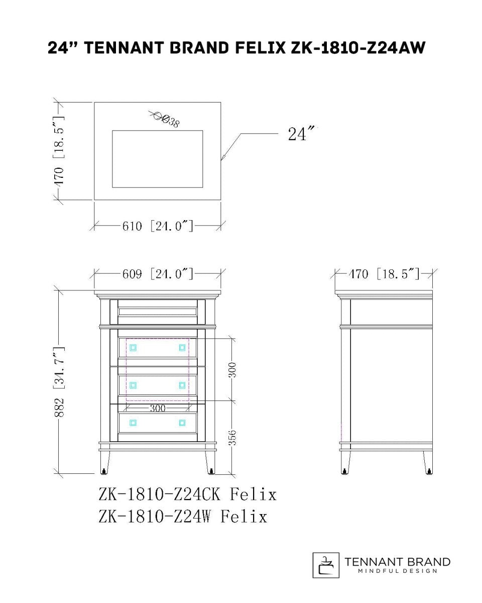 24" Tennant Brand Felix Modern White Sink Bathroom Vanity - ZK-1810-Z24AW - Bentoncollections