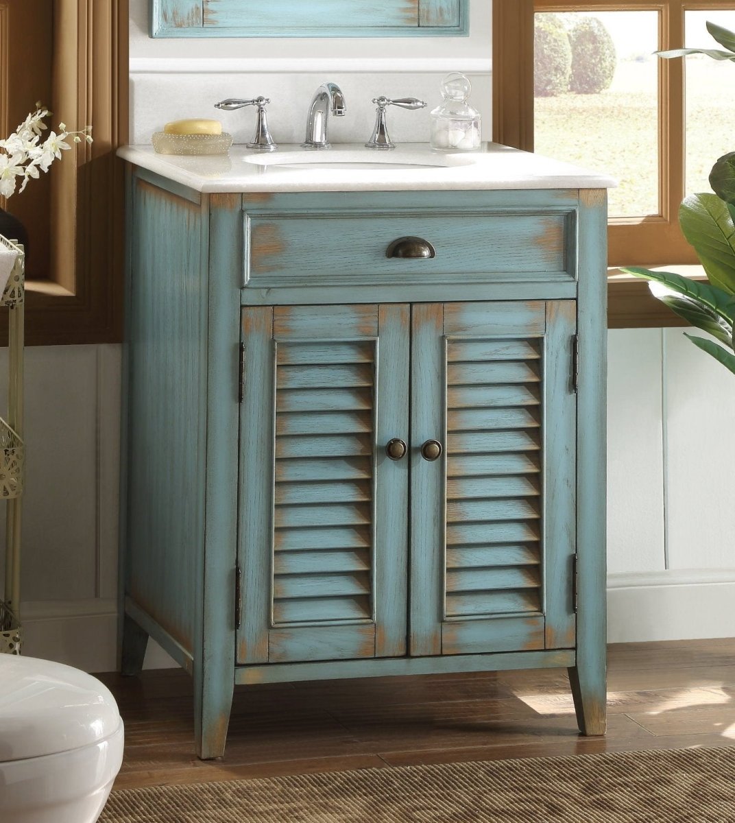 26" Distressed Light Blue Abbeville Small Powder Bathroom Sink Vanity CF-28883BU - Bentoncollections