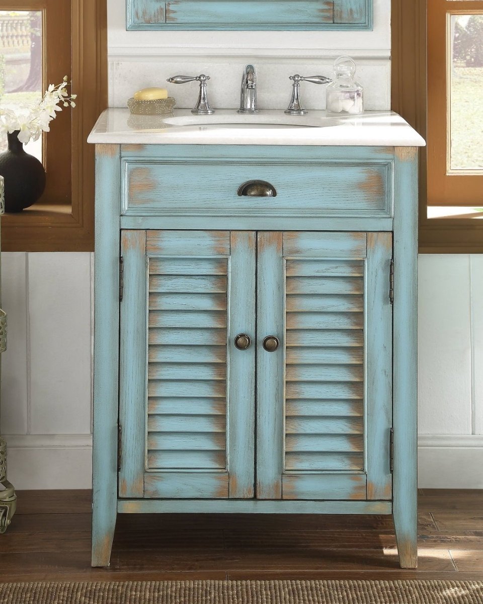 26" Distressed Light Blue Abbeville Small Powder Bathroom Sink Vanity CF-28883BU - Bentoncollections