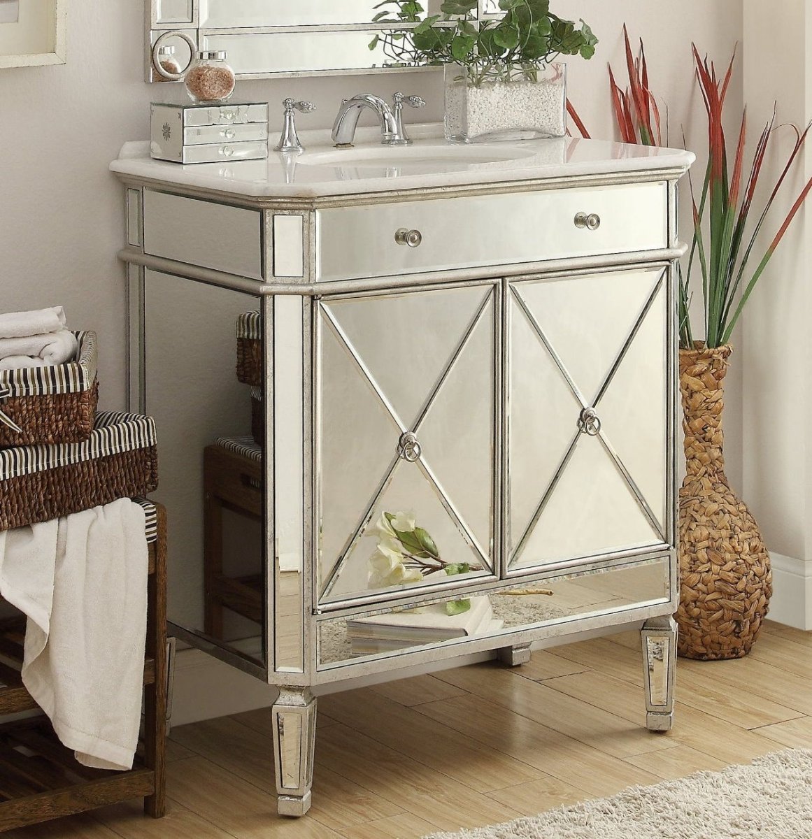 32" Benton Collection Mirror Reflection Austell Bathroom Sink Vanity - 505RA Silver leaf finish - Bentoncollections