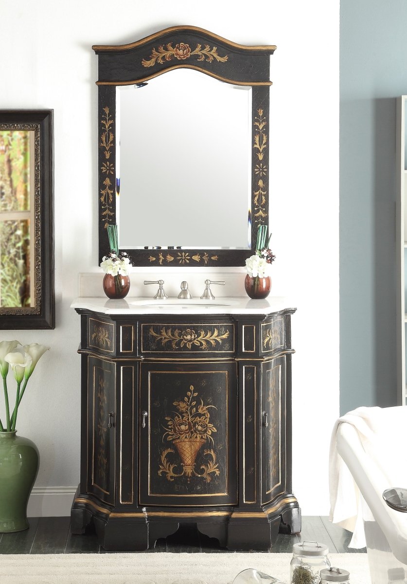 35" Hand painted Foral Design Crossfield Bathroom Sink Vanity HF-090BK - Bentoncollections