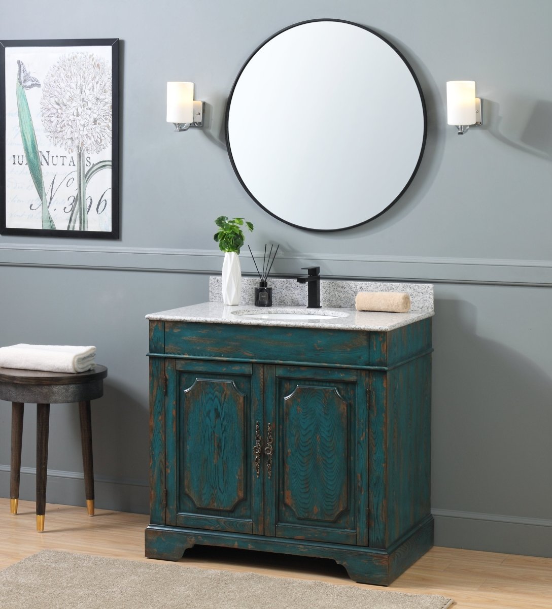 36" Benton Collection Litchfield Rustic Distressed Emerald Blue Bathroom Vanity RX-2216 - Bentoncollections