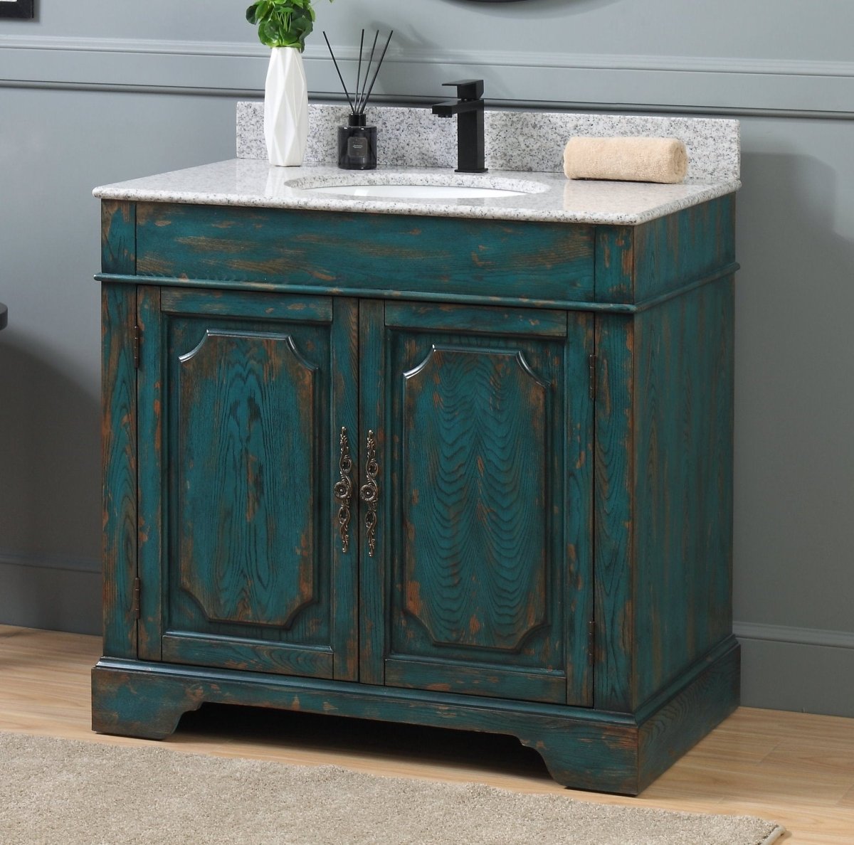 36" Benton Collection Litchfield Rustic Distressed Emerald Blue Bathroom Vanity RX-2216 - Bentoncollections