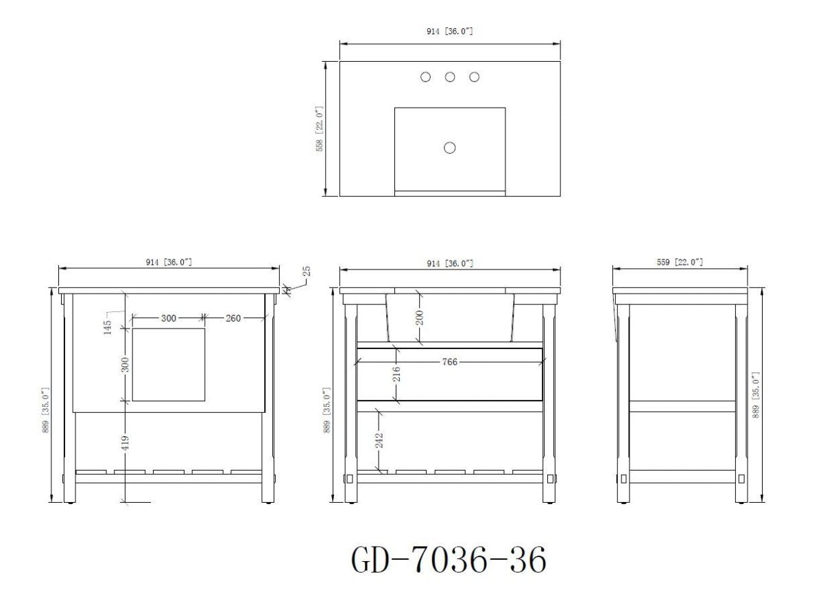 36-Inches Kendia Farmhouse Sink Bathroom Vanity - GD-7036-WT36-GT - Bentoncollections