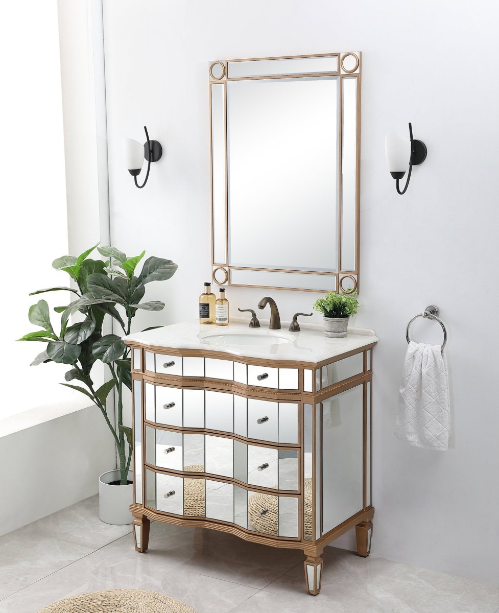 36" Mirrored Style Asselin Bathroom Sink Vanity with Gold Trim K2288-36 - Bentoncollections