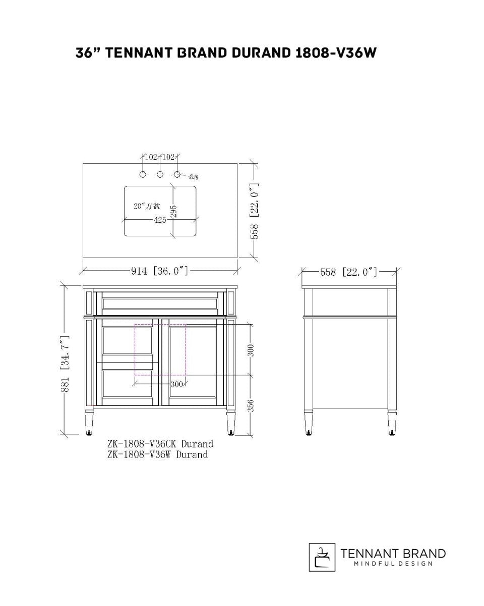 36" Tennant Brand Durand Modern White Bathroom Sink Vanity QT-1808-V36W - Bentoncollections