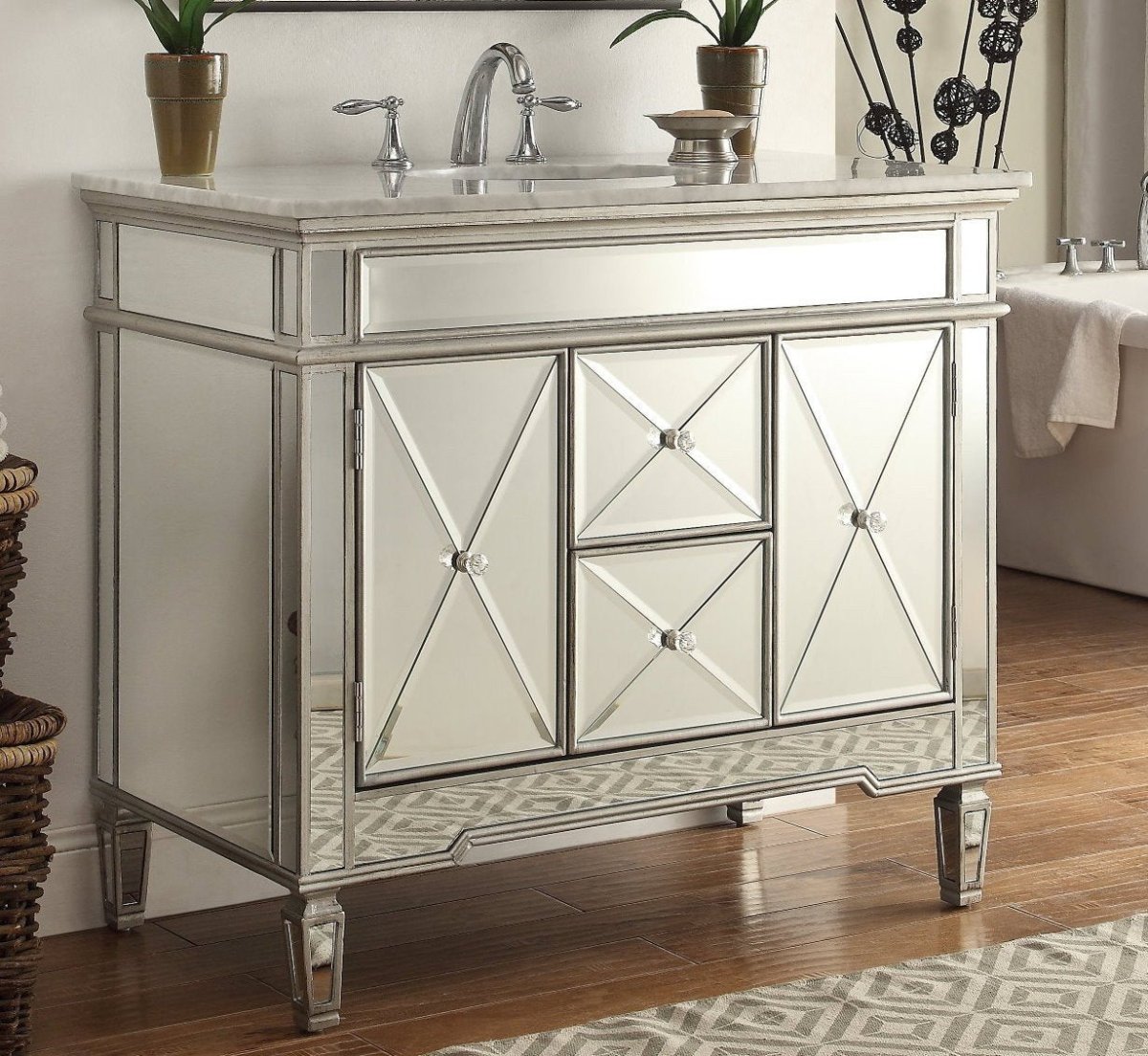 44" Benton Collection Mirrored Style Adelia Single Sink Bathroom Vanity with Carrara Top DH-13Q335 - Bentoncollections