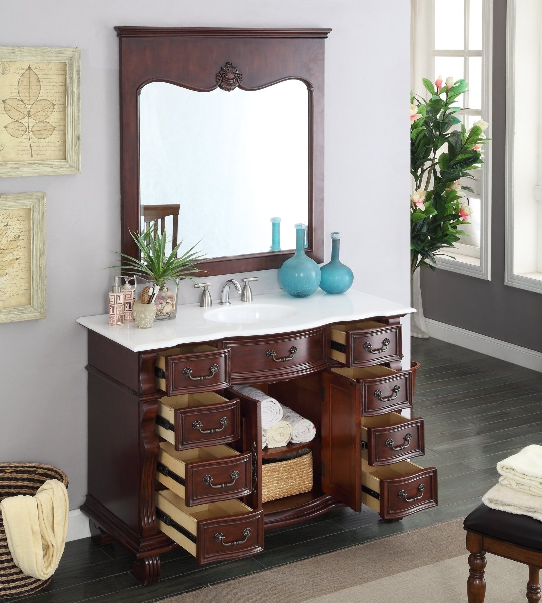 50" Traditional Style Cherry Wood Hopkinton Bathroom Sink Vanity White Marble Top GD-4437W-50 - Bentoncollections