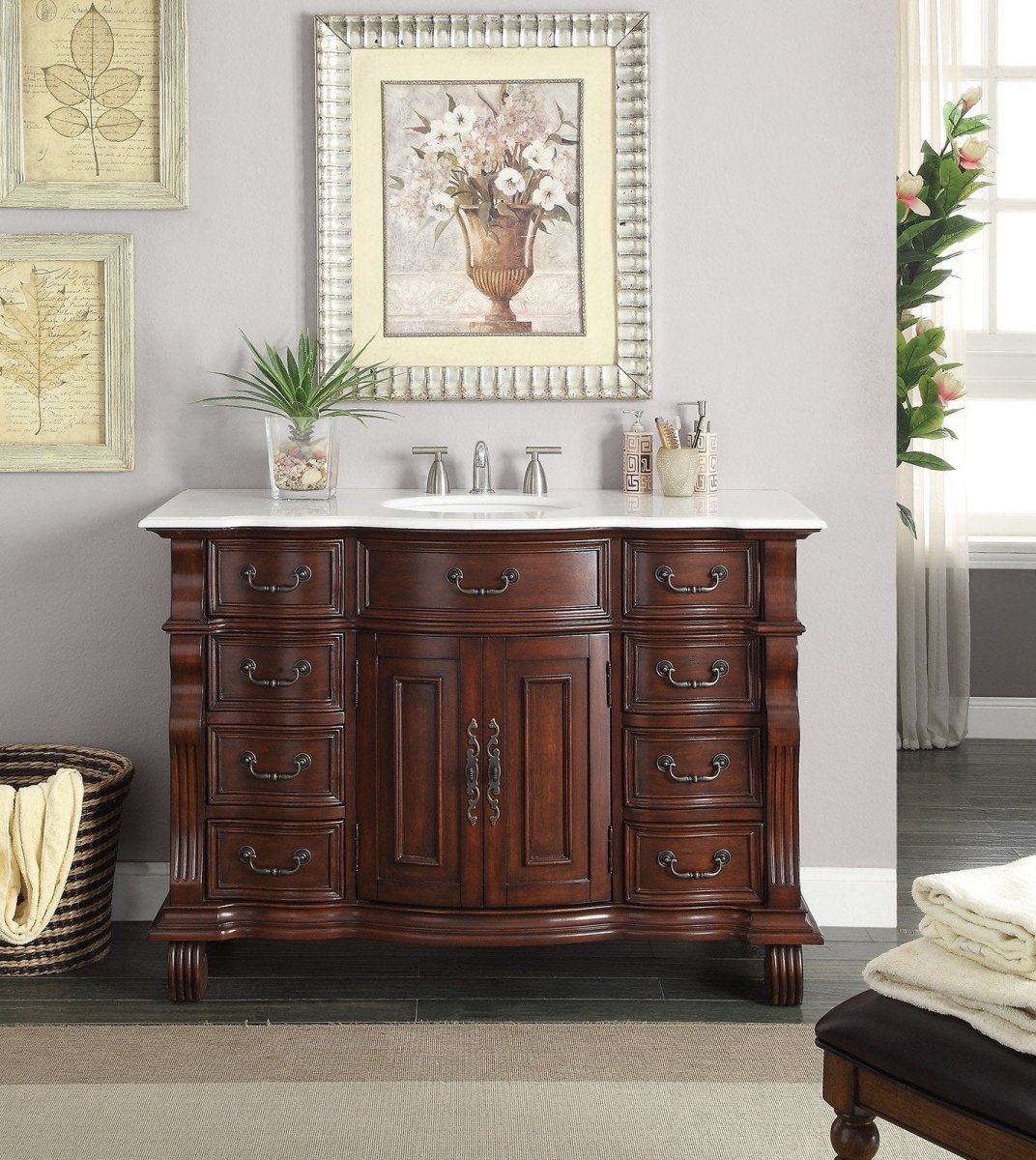 50" Traditional Style Cherry Wood Hopkinton Bathroom Sink Vanity White Marble Top GD-4437W-50 - Bentoncollections