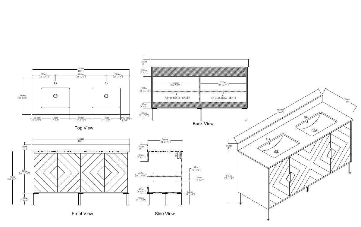 60" Tennant Brand Eileen Modern Style Double Sink Bathroom Vanity - AC-66WT60 - Bentoncollections