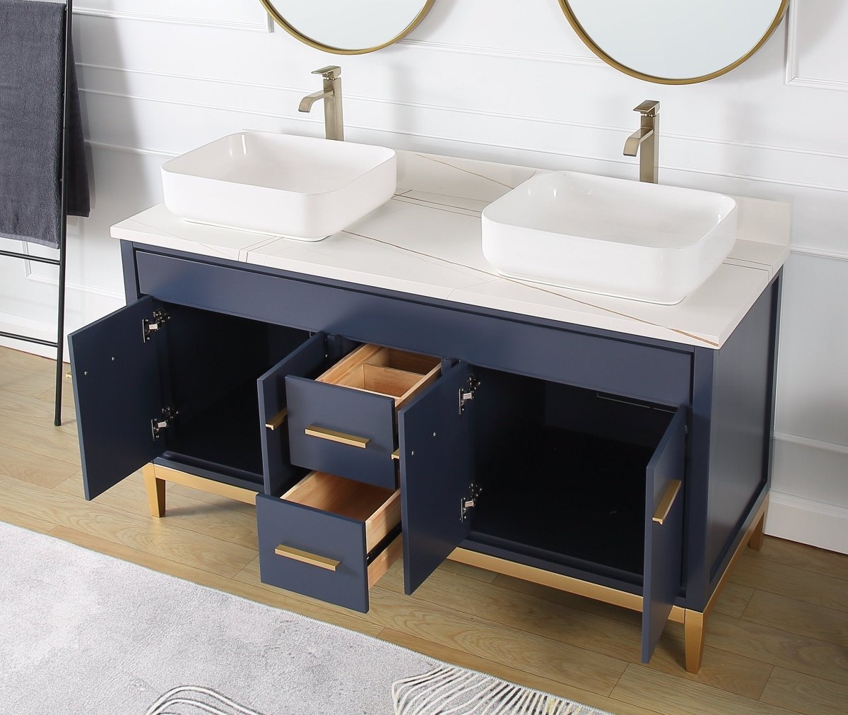 60" Tennant Brand Vessel sink Navy Blue Beatrice Double Sink Vanity - TB-9960NB-60NU - Bentoncollections