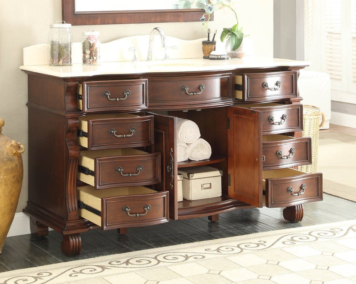 60" Traditional Style Cherry Wood Hopkinton Bathroom Sink Vanity Creama Mafil Marble Top GD-4437M-60 - Bentoncollections