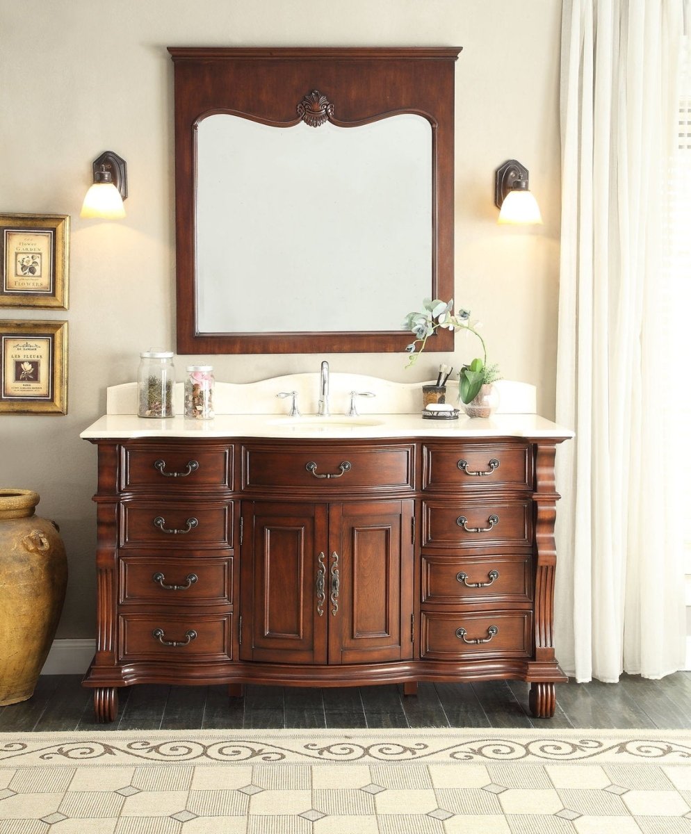 60" Traditional Style Cherry Wood Hopkinton Bathroom Sink Vanity Creama Mafil Marble Top GD-4437M-60 - Bentoncollections