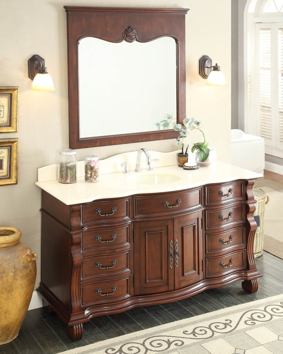 60" Traditional Style Cherry Wood Hopkinton Bathroom Sink Vanity Creama Mafil Marble Top GD-4437M-60 - Bentoncollections